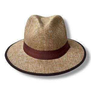 Vintage Sombreros Canotier Straw Boater Skimmer Hat w/ Brown Ribbon Sz Small